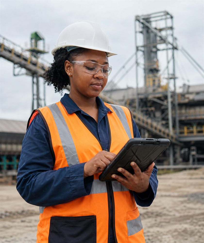 Engineer in hard hat and hi-vis capturing field data on a rugged tablet, processing plant behind