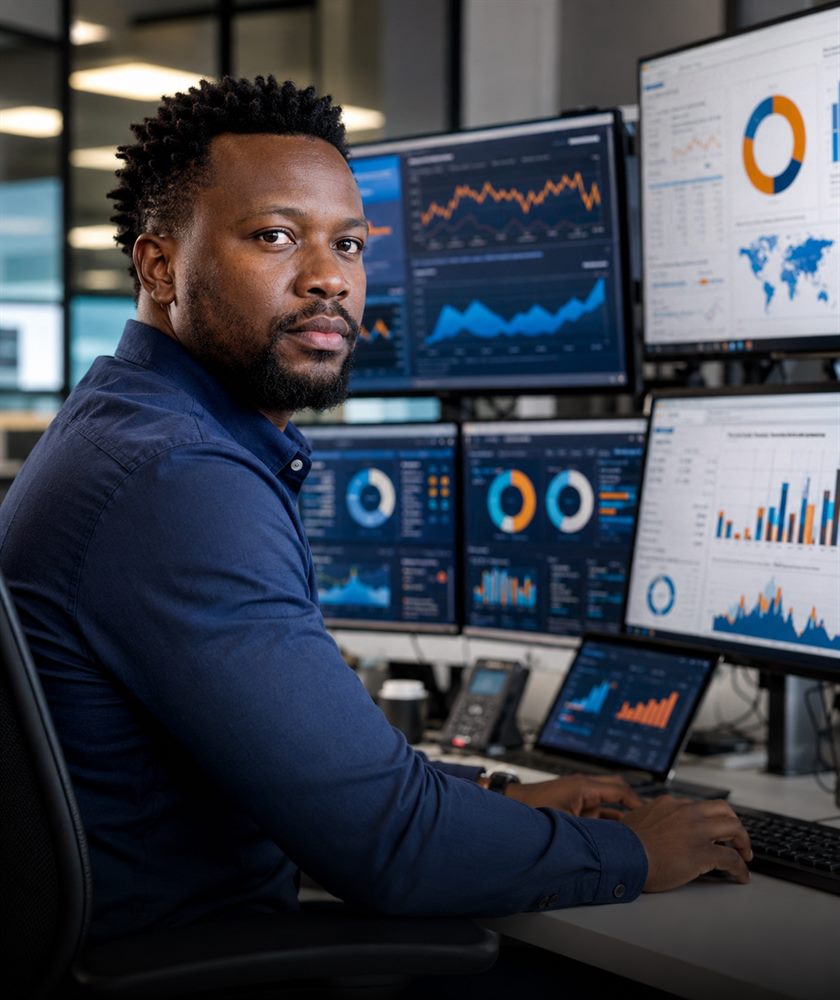 Analyst at a multi-screen workstation reviewing operational dashboards and trend charts
