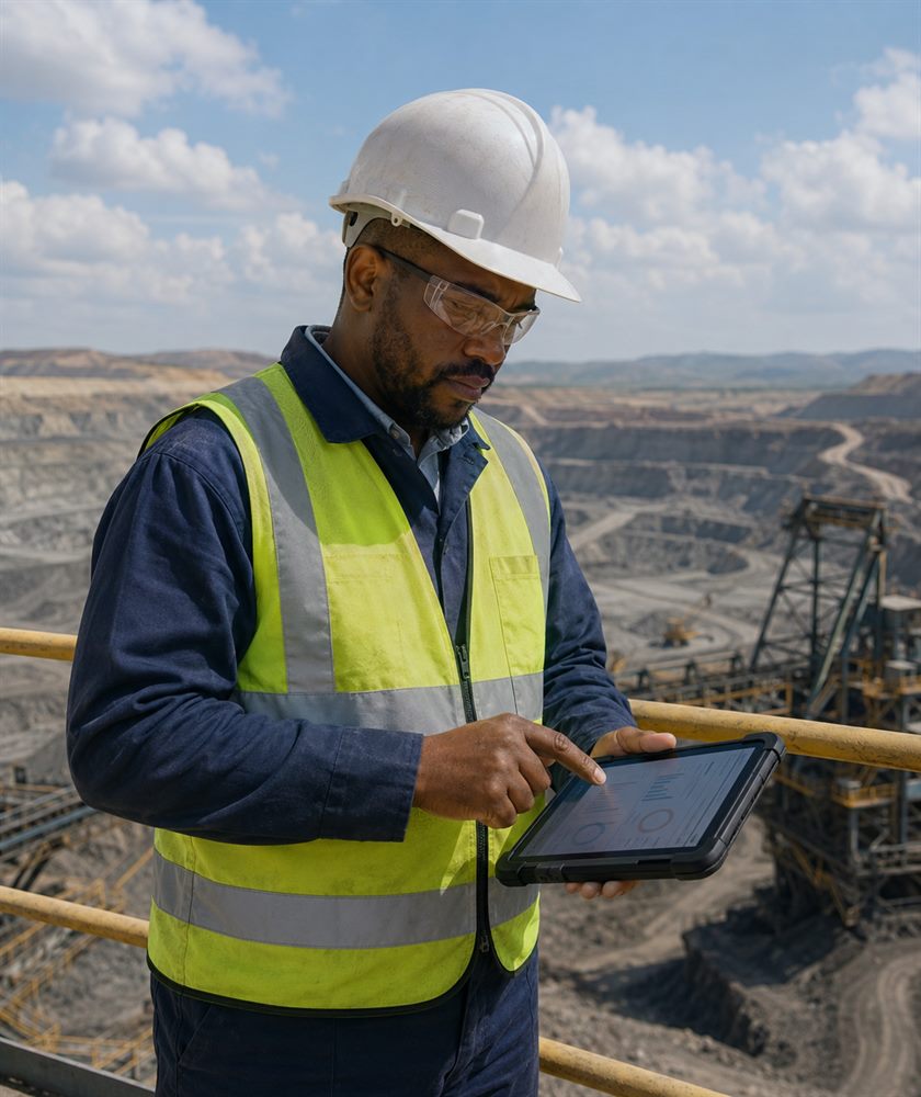 Engineer in hi-vis and hard hat checking a dashboard on a rugged tablet above an open-pit mine