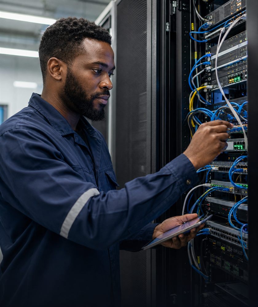 Engineer working at a network cabinet, connecting the infrastructure that carries operational data
