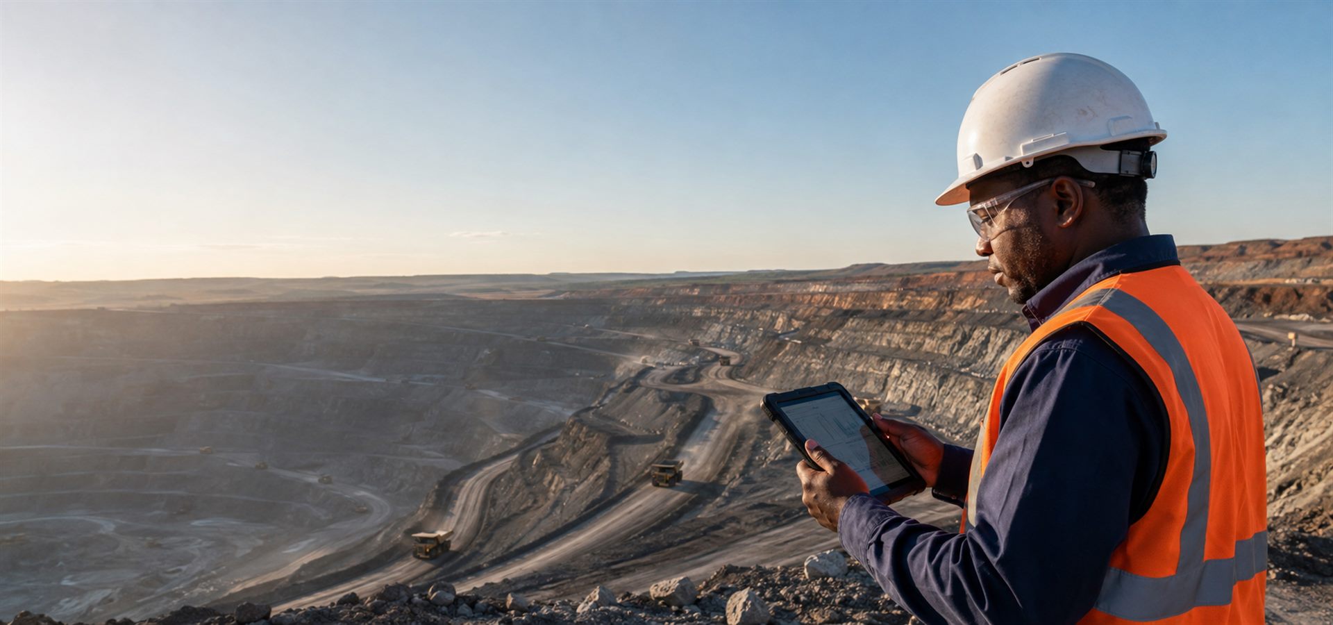 Open-pit mine with haul trucks, and an engineer reviewing operational data on a rugged tablet
