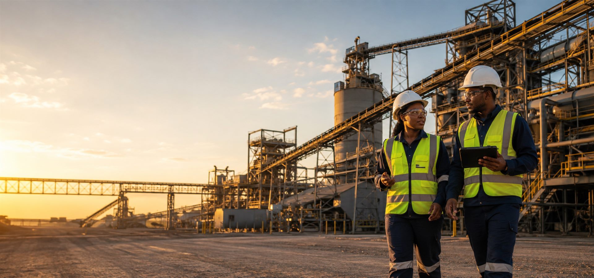 Industrial processing plant at golden hour with engineers walking the site