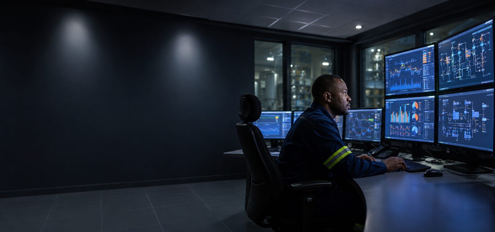 Control room operator monitoring live plant and production dashboards