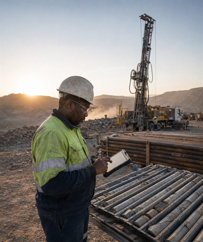 Drill rig operating on a mine site at first light with a technician logging data