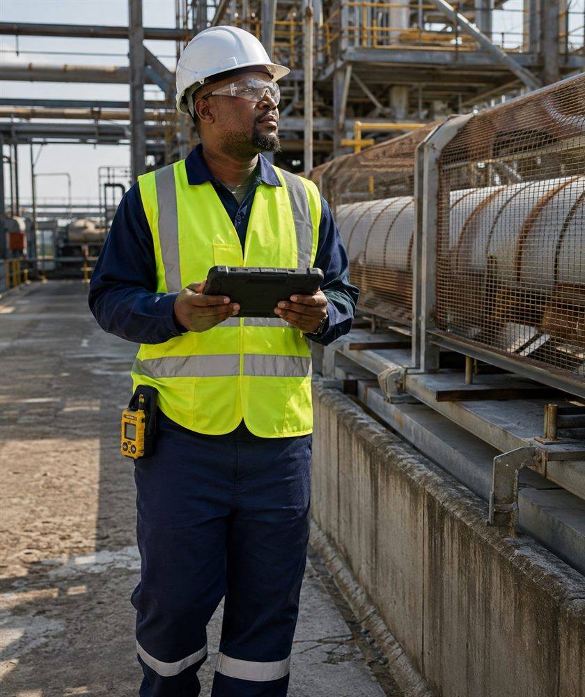 HSE officer carrying out a safety inspection walk-through of a processing plant