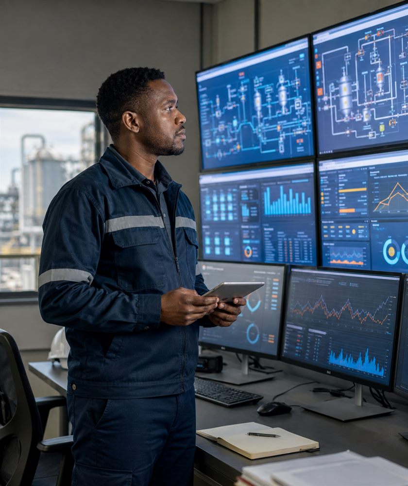 Site office with multiple screens showing SCADA and plant performance dashboards